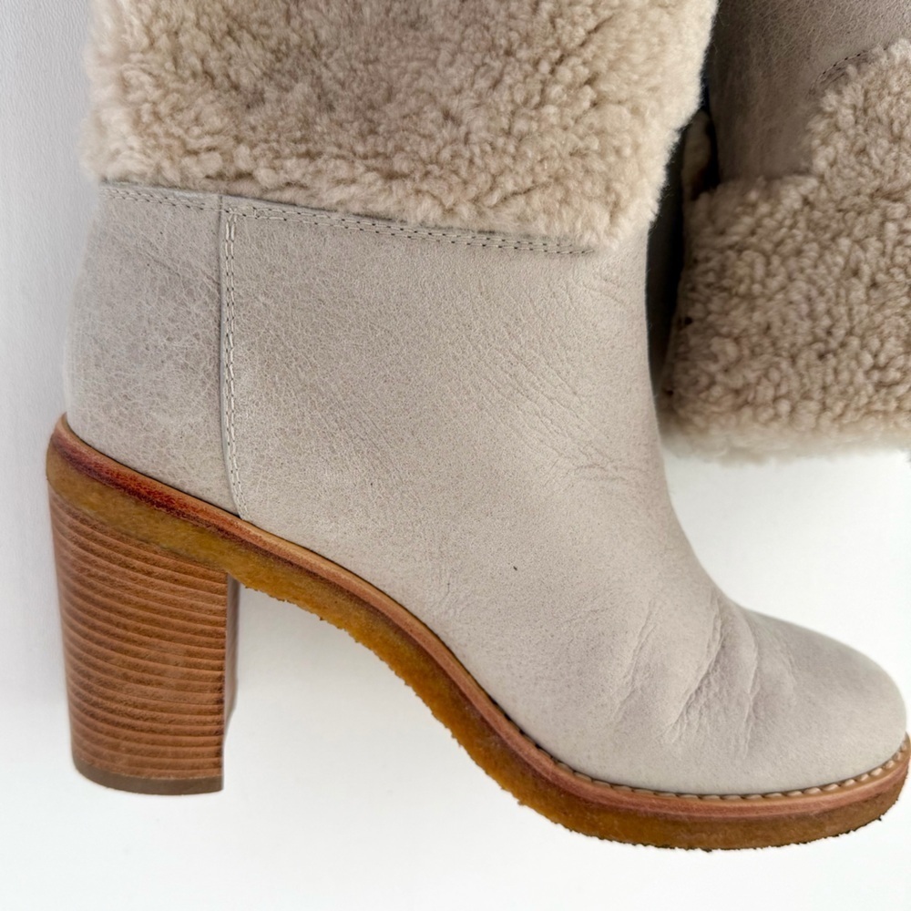 CHANEL | Beige Shearling Fur Suede Ankle Boots Heeled Booties CC Logo 37.5 - Picture 13 of 14